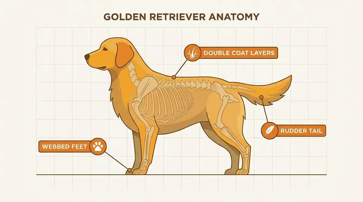 Illustrated diagram of golden retriever physical features including webbed feet, double coat layers, and rudder tail with labels