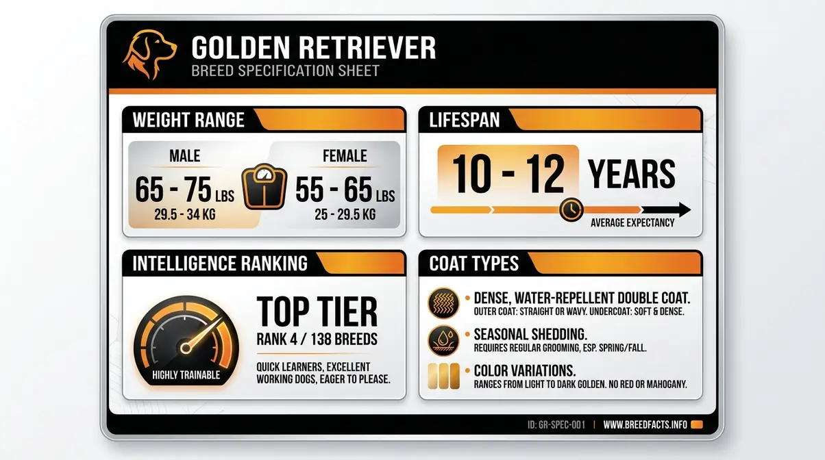 Quick reference card showing golden retriever weight range, lifespan, intelligence ranking, and coat types for prospective owners
