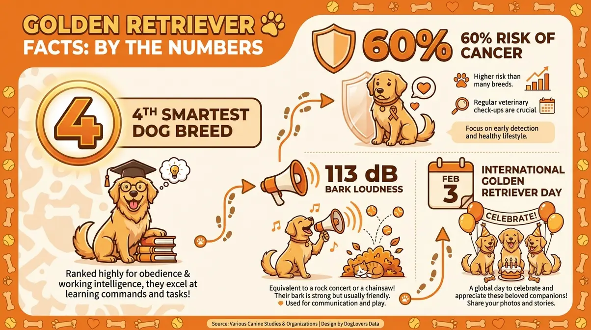 Fun infographic with golden retriever facts by the numbers including 4th smartest breed, 60% cancer risk, 113 decibel bark, and February 3 Golden Retriever Day
