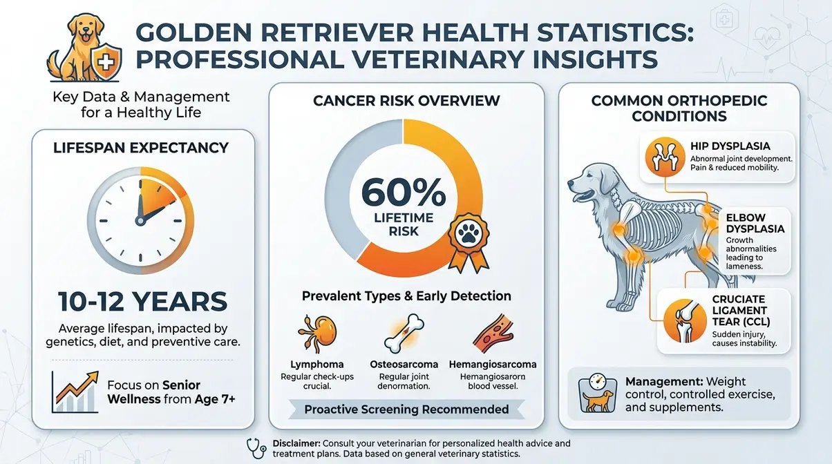 Infographic showing golden retriever lifespan 10-12 years, cancer risk percentage, and common health conditions for prospective owners