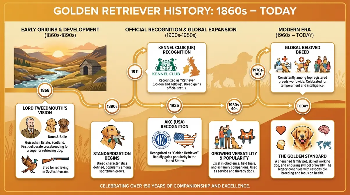 Timeline showing Golden Retriever breed history from Lord Tweedmouth 1868 to AKC recognition 1925