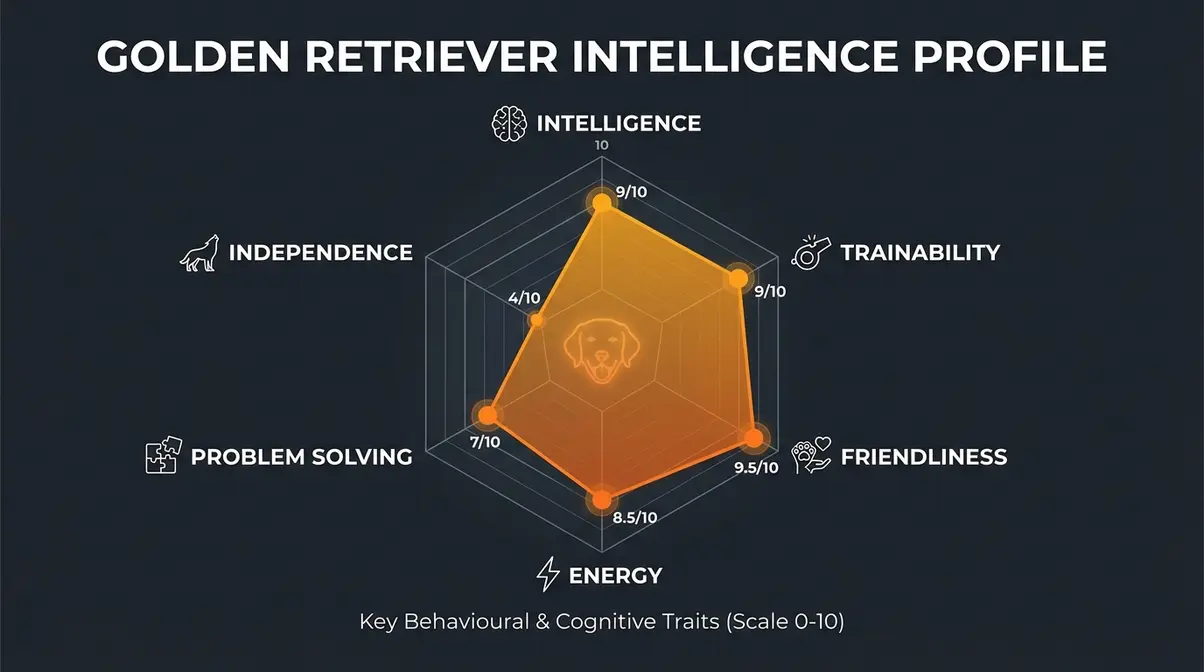 Radar chart showing golden retriever personality traits including trainability, friendliness, energy, and intelligence scores