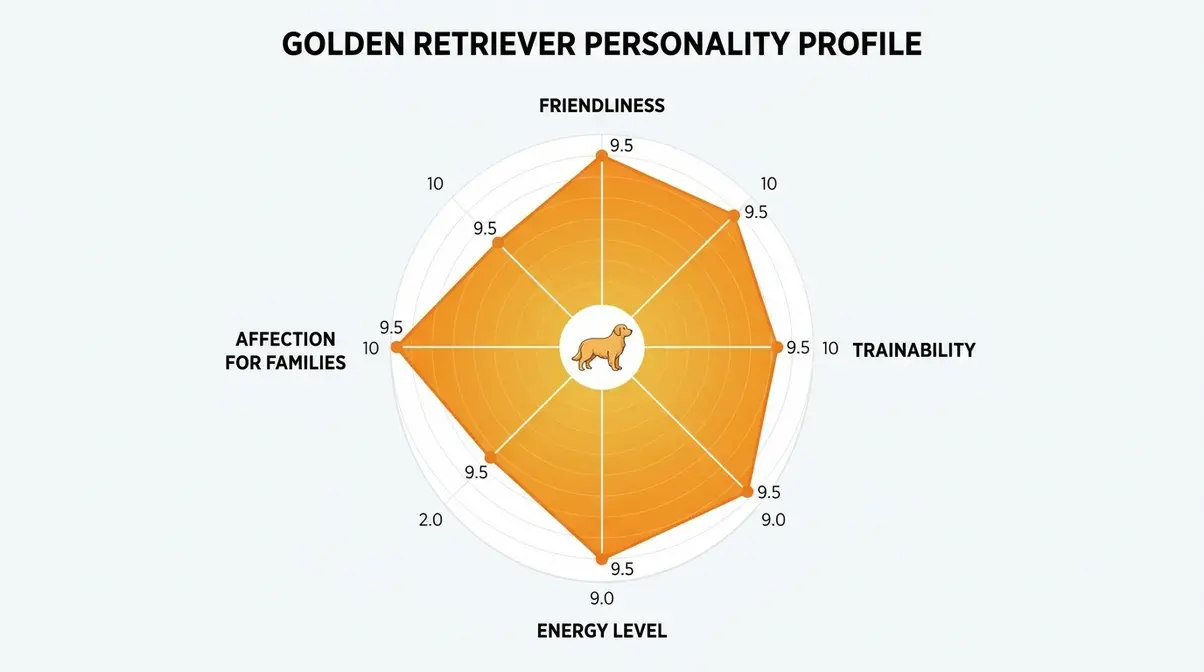Visual radar chart showing golden retriever personality traits including friendliness, trainability, energy level, and affection for families