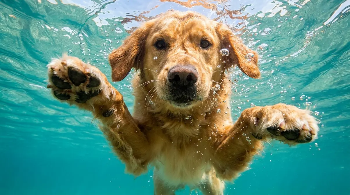 Golden retriever swimming showing webbed feet in water, demonstrating natural water affinity