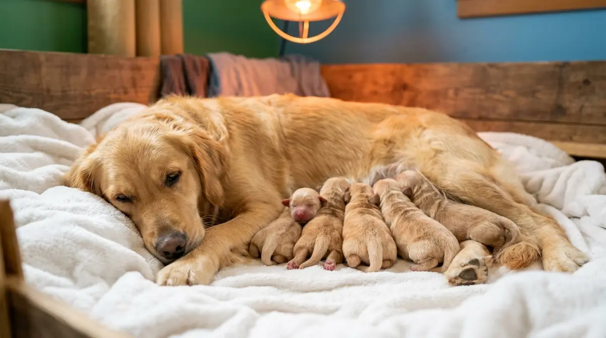 Golden retriever mother nursing newborn litter of puppies in a whelping box after birth