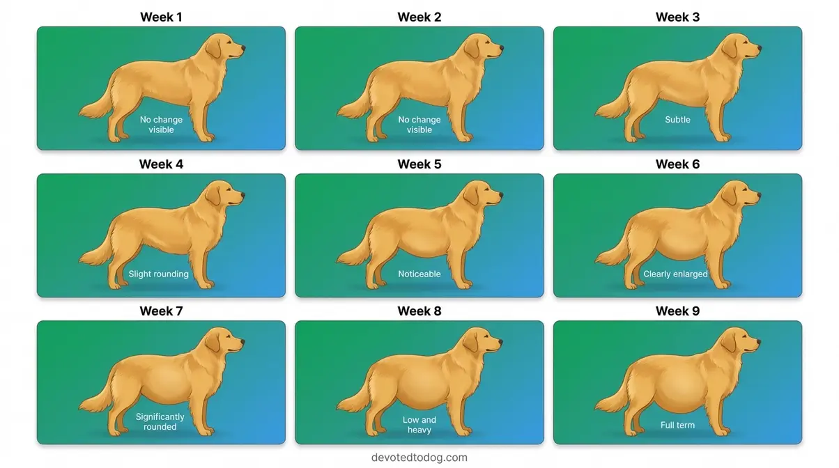 Pregnant golden retriever belly growth progression showing visible changes from week 1 to week 9