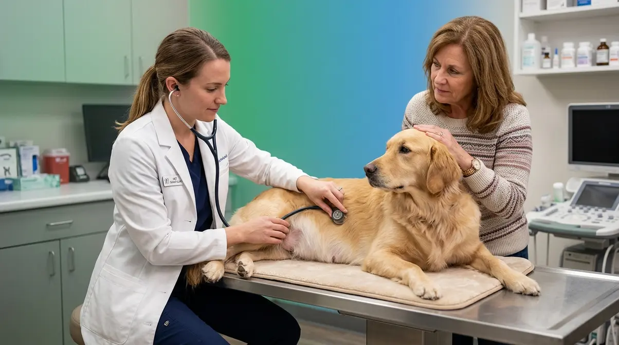 Veterinarian examining pregnant golden retriever for pregnancy complications during routine check-up