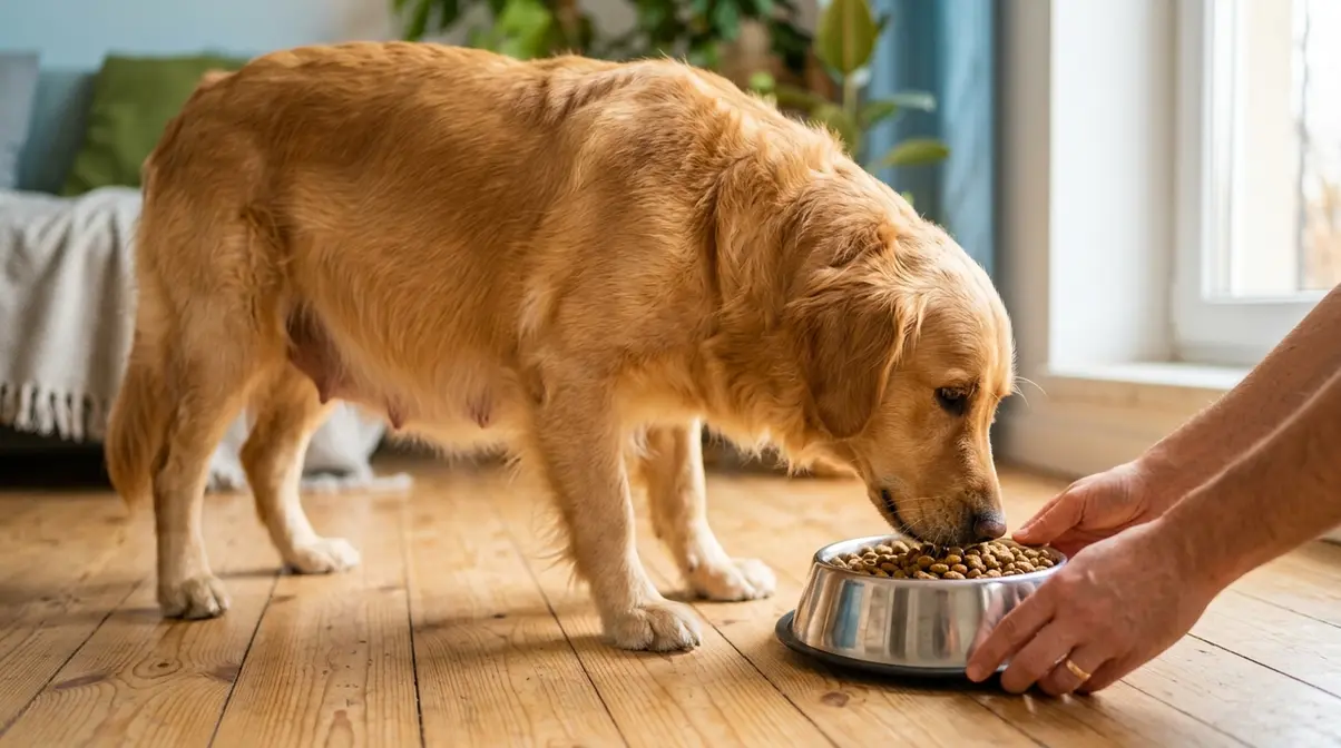 Pregnant golden retriever eating from a bowl showing proper nutrition care during pregnancy