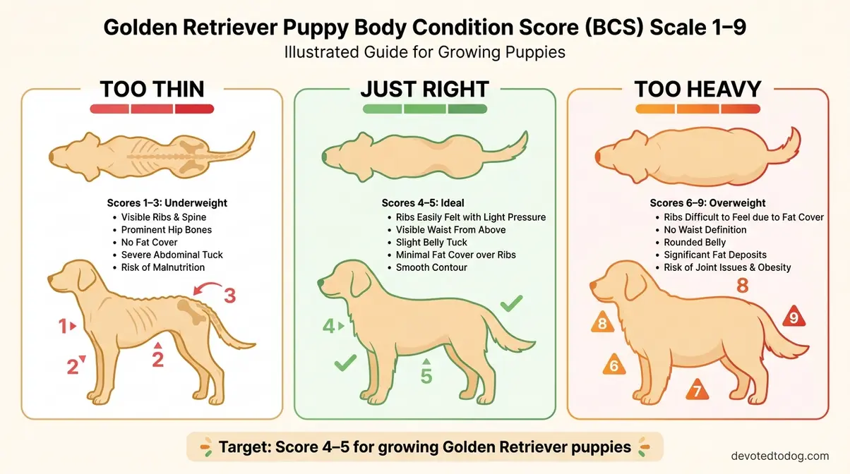 Body condition score chart for Golden Retriever puppies showing underweight, ideal, and overweight visual indicators