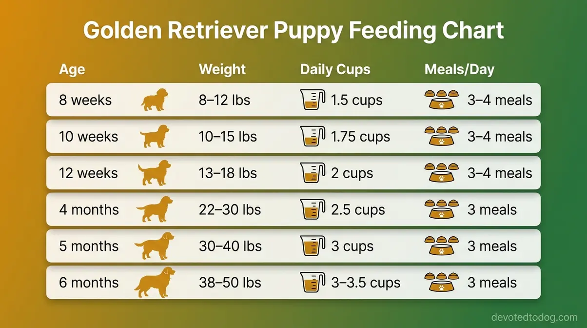 Golden Retriever puppy feeding chart showing daily cup amounts from 8 weeks to 6 months by age and weight