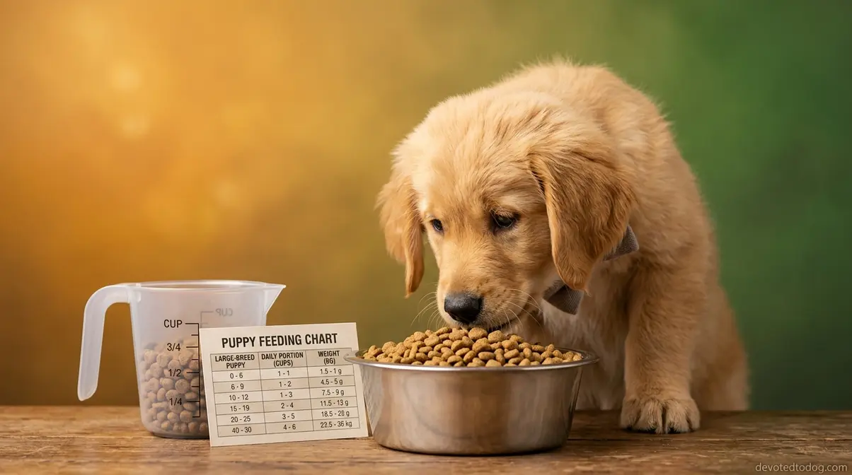 Golden Retriever puppy at food bowl with measuring cup and feeding chart reference card beside it