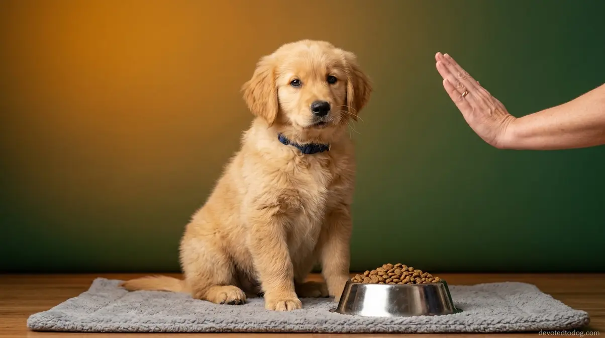 Golden Retriever puppy waiting calmly at food bowl demonstrating structured mealtime feeding rules