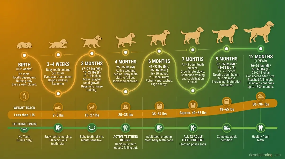 Timeline graphic showing Golden Retriever puppy weight milestones and teething stages from birth to 12 months