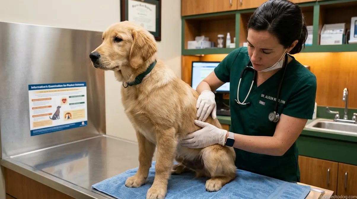 Veterinarian examining a Golden Retriever puppy's abdomen during a health check for bloat and weight assessment