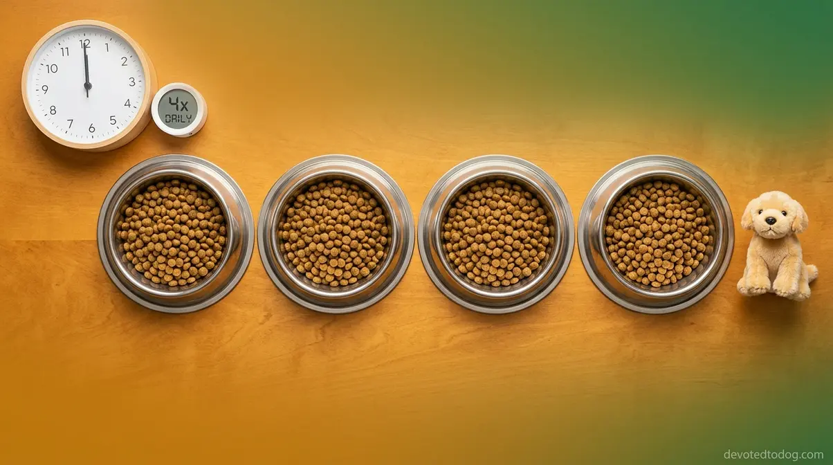 Four puppy food bowls arranged in a row representing the four-meals-per-day feeding schedule for young Golden Retriever puppies