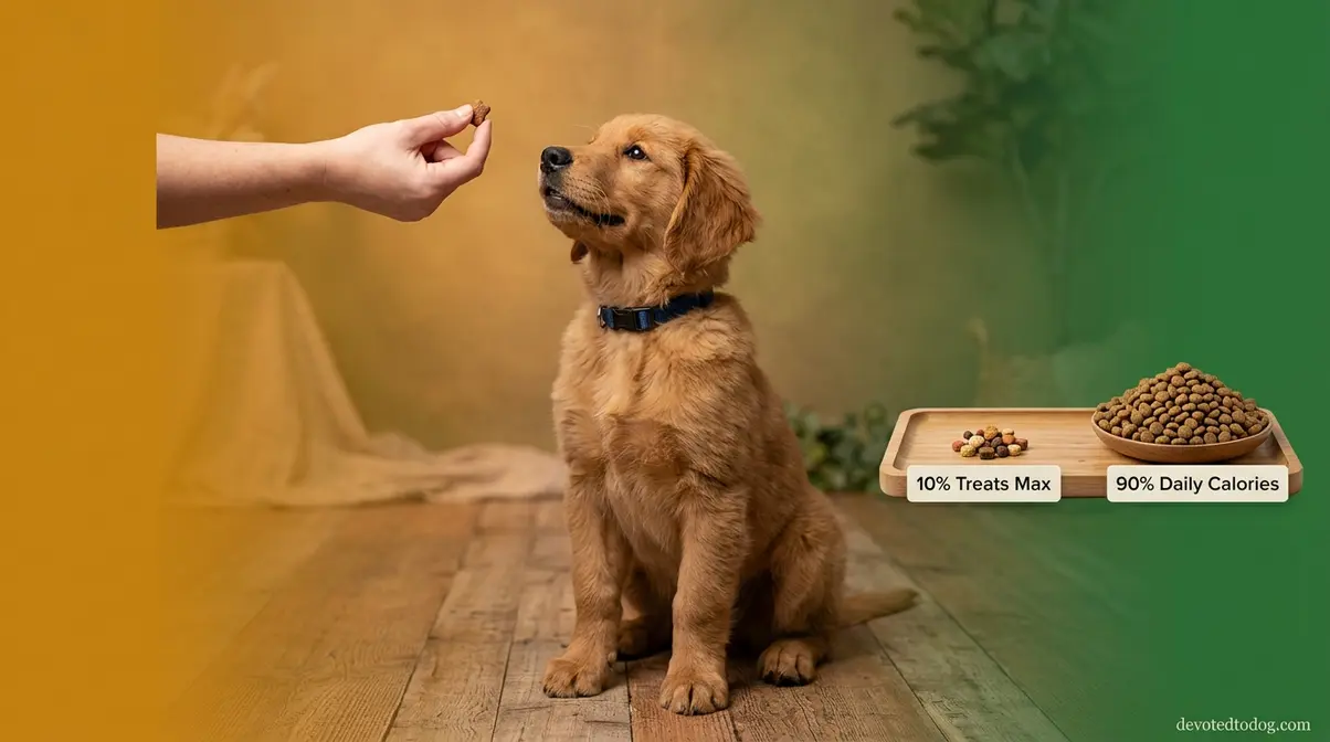 Golden Retriever puppy in training session with kibble and treat piles showing the 90 10 calorie rule