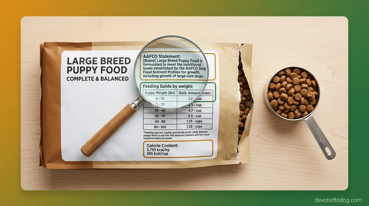 Large-breed puppy food bag with AAFCO statement and feeding guide highlighted alongside a measuring cup