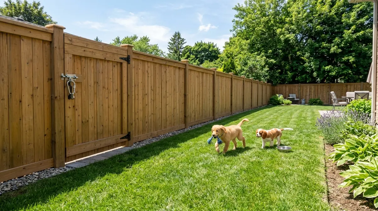 Secure wooden fence and latched gate for backyard puppy safety