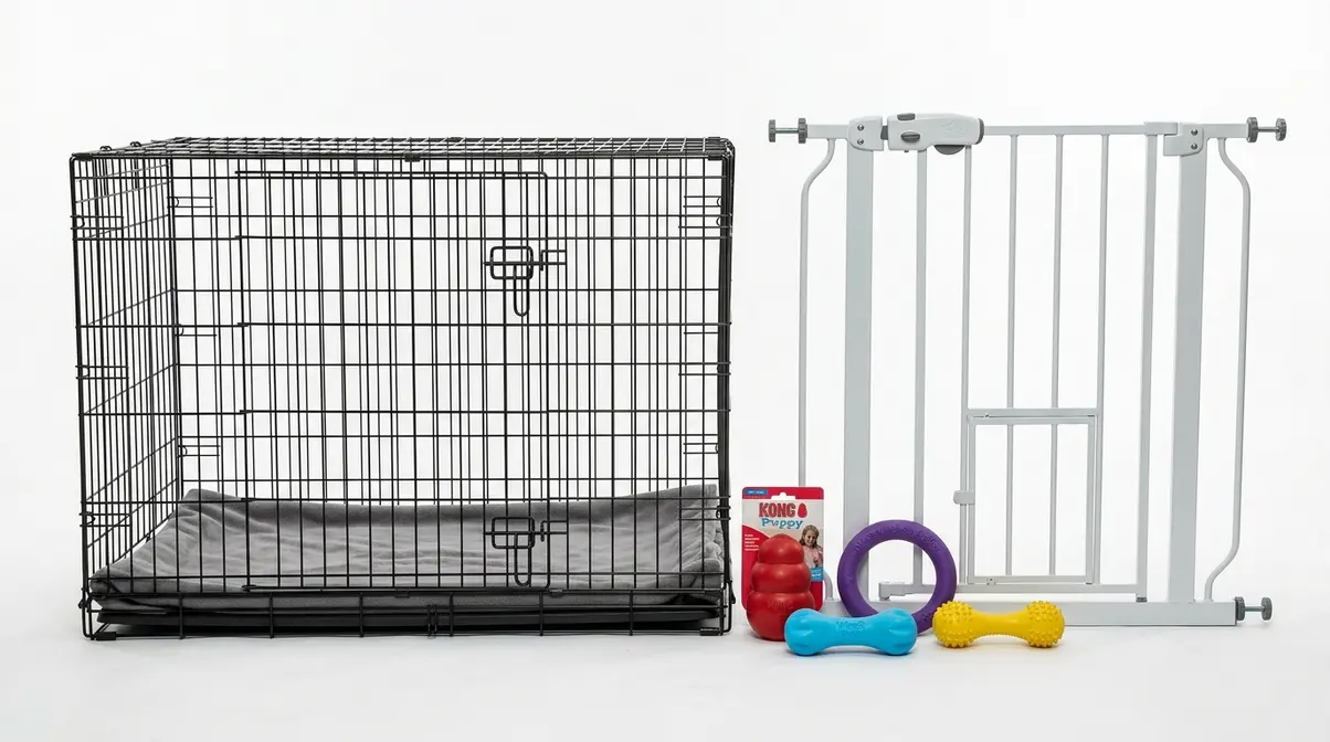 Essential puppy supplies including a wire crate, tall baby gate, and chew toys