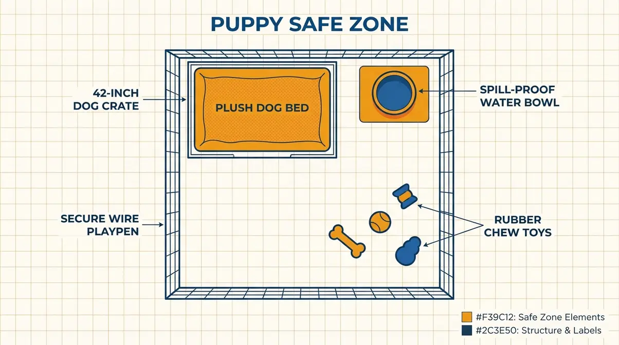 Diagram showing ideal puppy safe zone layout with crate bed water bowl and toys inside a playpen for golden retriever puppy proofing