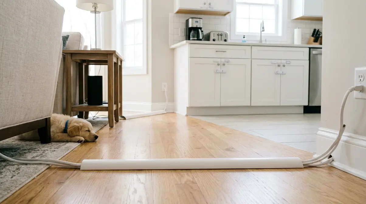 Secured electrical cords and locked cabinets to prevent indoor puppy hazards