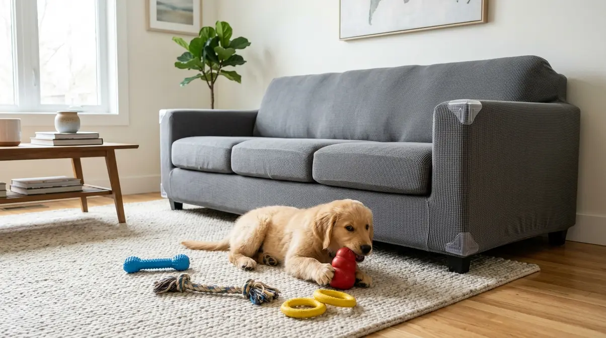 Sofa protected with corner guards and heavy duty cover for puppy teething