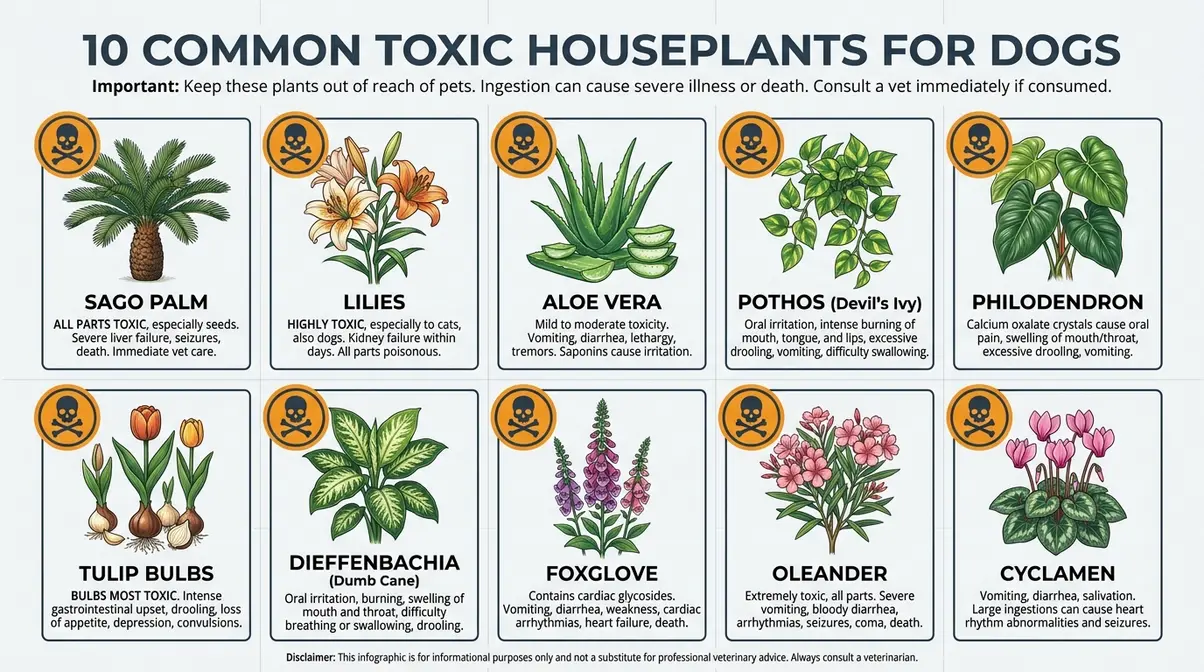 Infographic showing 10 common toxic houseplants for dogs including sago palm, aloe vera, and pothos for golden retriever puppy proofing