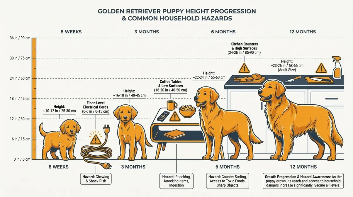 Diagram showing golden retriever puppy height at 8 weeks, 3 months, 6 months and 12 months alongside common household hazard heights for puppy proofing