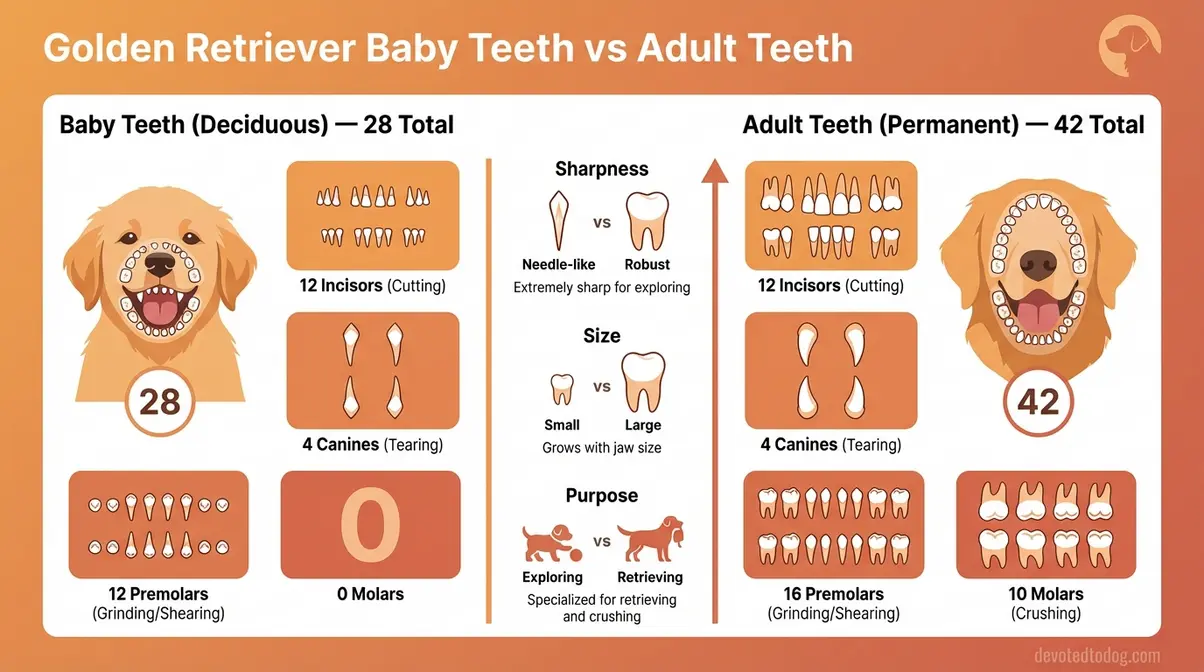 Golden Retriever puppy teeth growth and development comparison showing 28 baby teeth versus 42 adult teeth by type