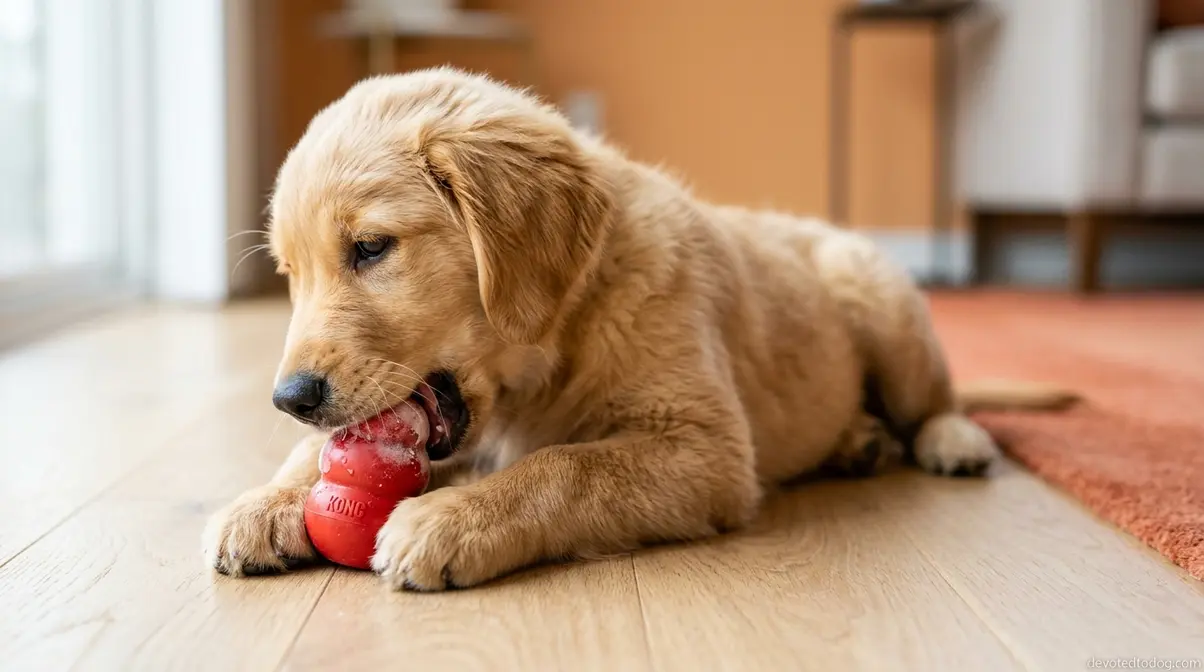 Golden Retriever puppy chewing frozen Kong toy during peak teething Landshark Window phase