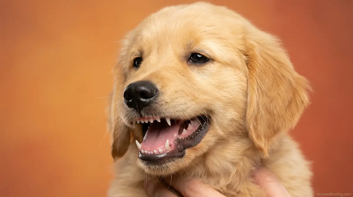 Golden Retriever puppy mouth open showing sharp baby teeth at eight weeks of age
