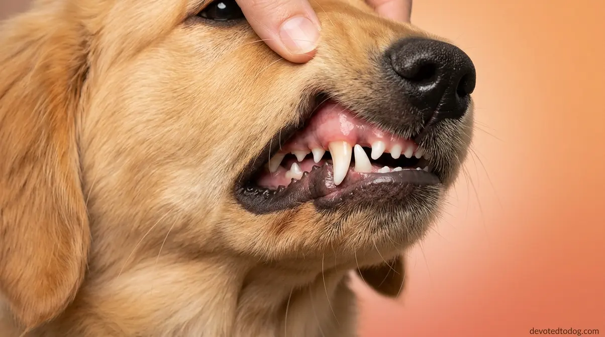 Golden Retriever puppy mouth showing retained baby tooth beside erupting adult canine tooth