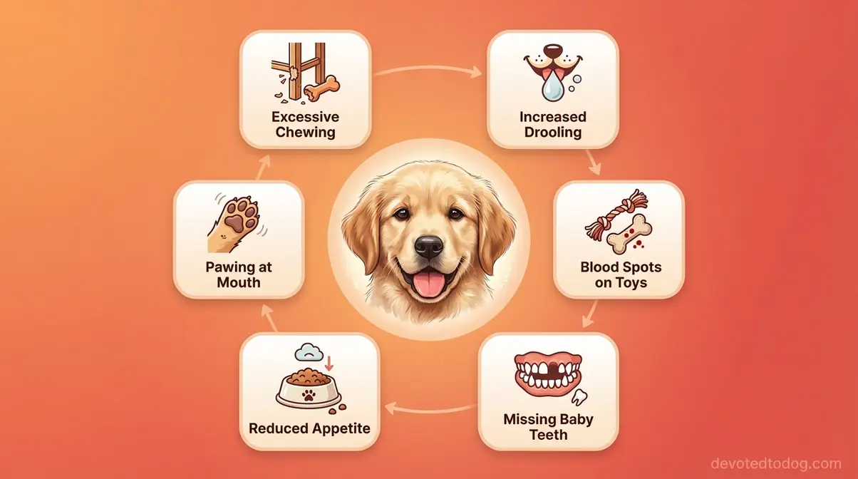 Diagram showing common Golden Retriever puppy teething signs including excessive chewing, drooling, and irritability