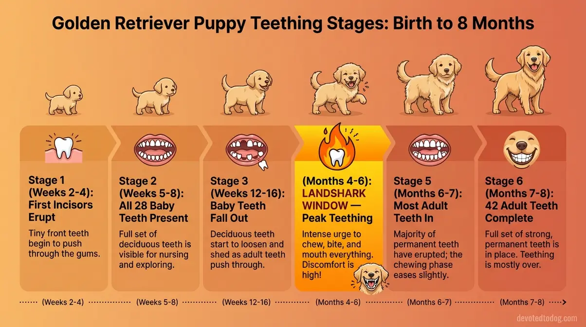 Golden Retriever puppy teeth growth and development timeline from 3 weeks to 8 months showing all six stages