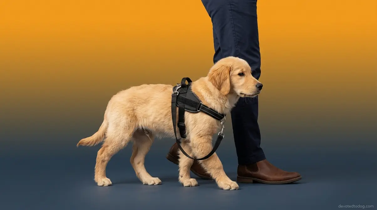 Golden Retriever puppy wearing a front-clip harness and walking calmly on a loose leash
