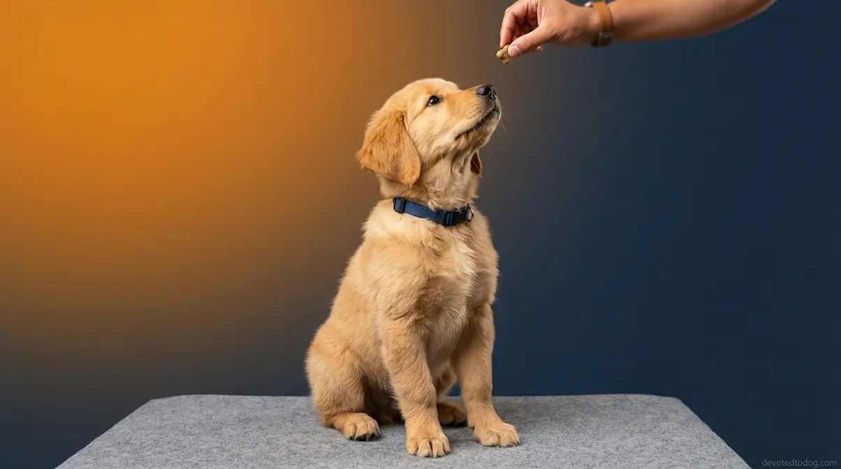 Golden Retriever puppy in a perfect sit position focusing attentively on a training treat