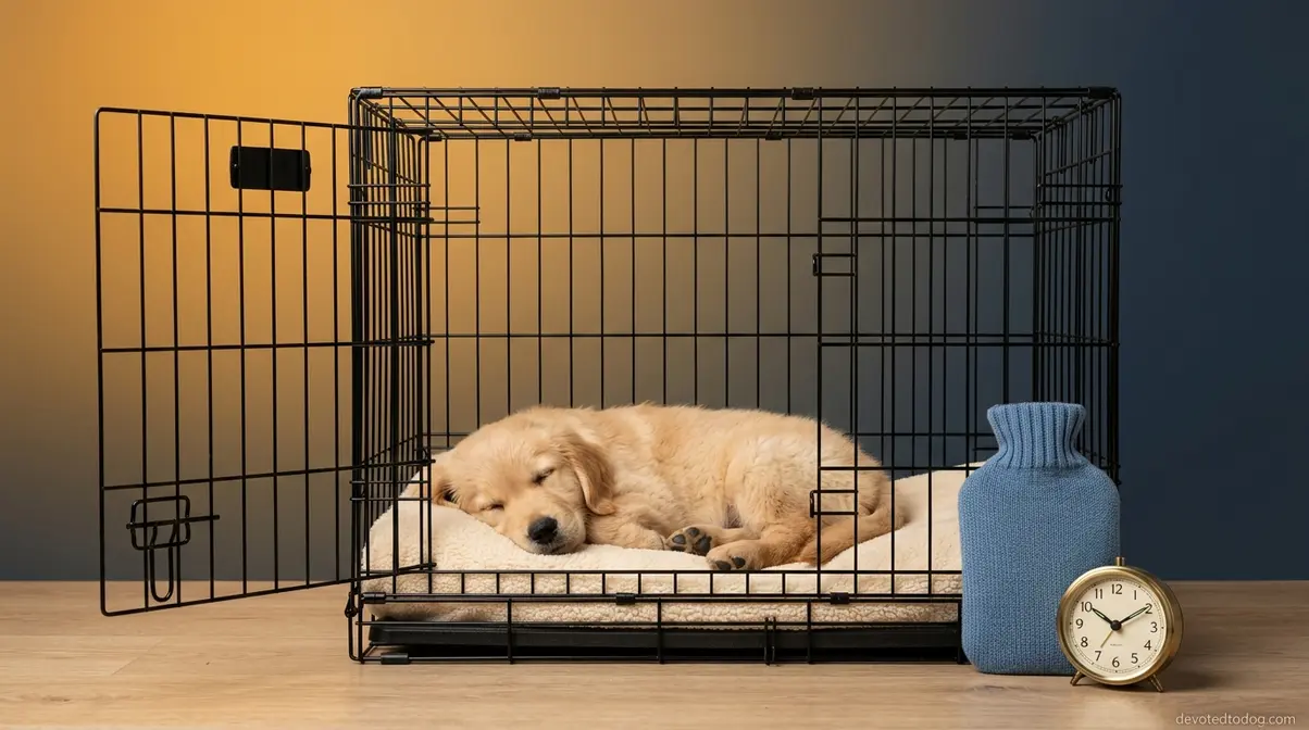 Golden Retriever puppy sleeping peacefully inside an open wire crate with a water bottle