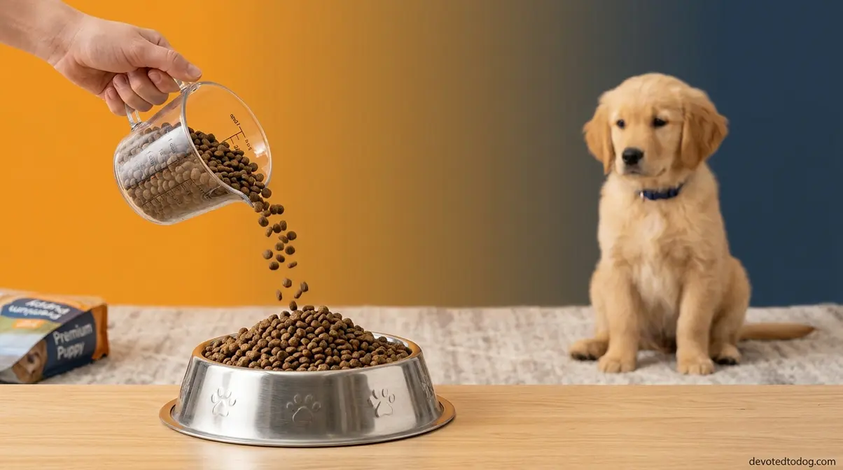 Measuring precise portions of puppy kibble into a stainless steel bowl for a Golden