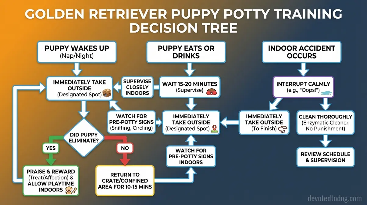 Potty training flowchart diagram showing outdoor routines and accident response for Golden Retriever puppies
