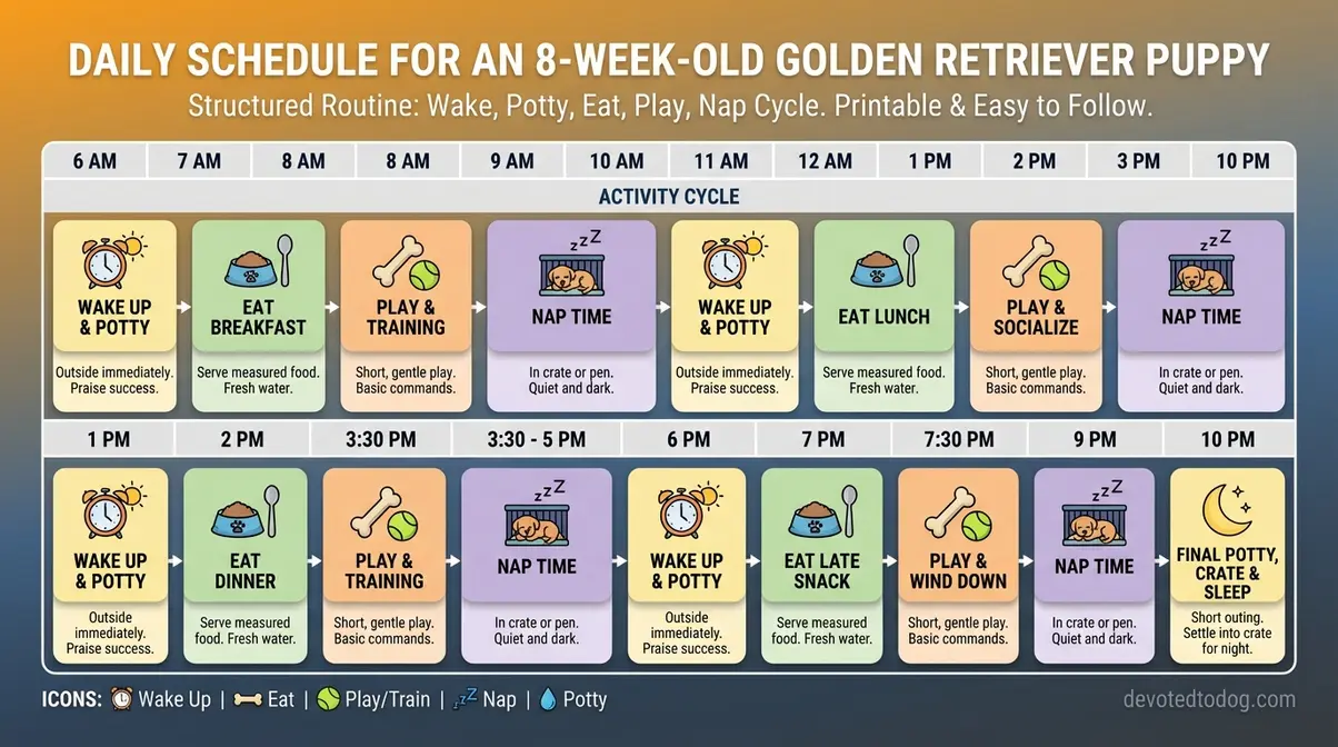 Printable daily schedule for a Golden Retriever puppy showing wake, potty, and play cycles