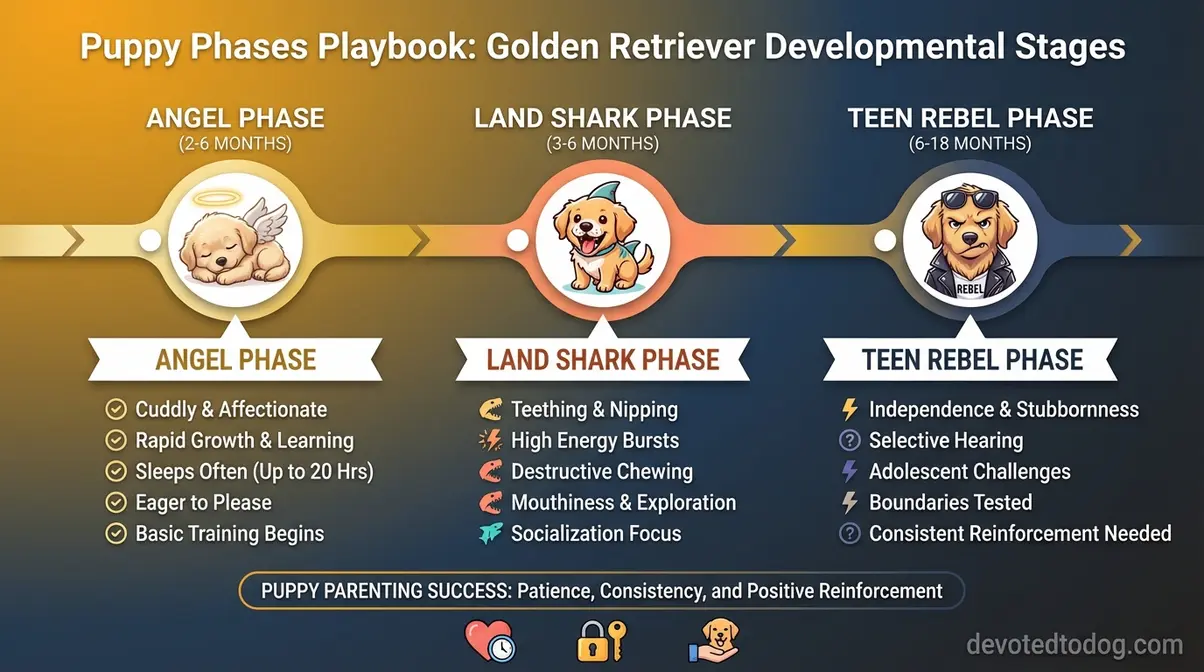 Golden retriever puppy training phases timeline showing Angel, Land Shark, and Teen Rebel milestones