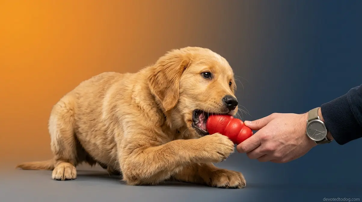 Redirecting a mouthing Golden Retriever puppy onto a red rubber chew toy during play