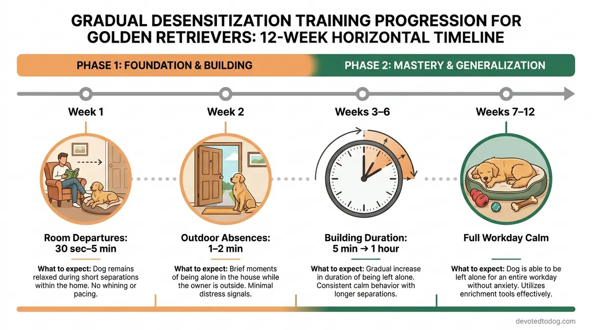 Week-by-week desensitization timeline infographic for golden retriever separation anxiety training
