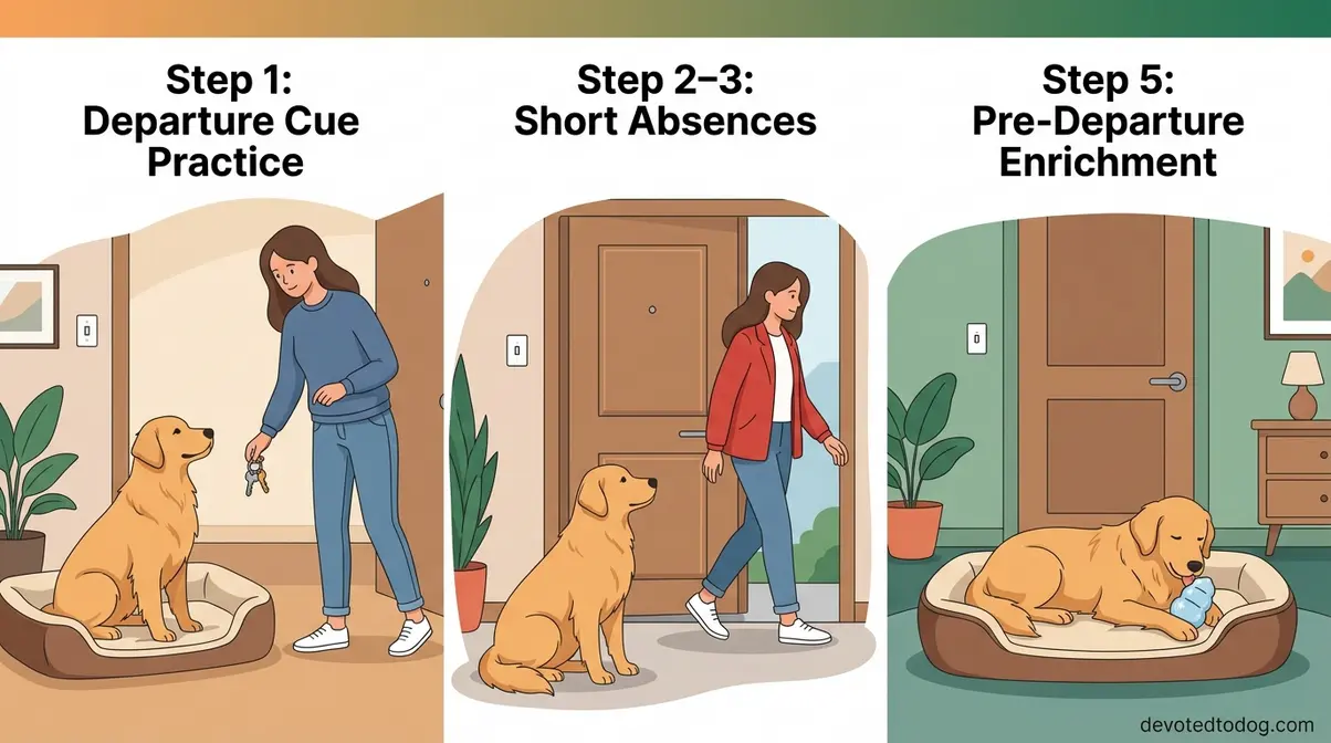 Three-step illustration showing gradual desensitization training for a Golden Retriever with separation anxiety