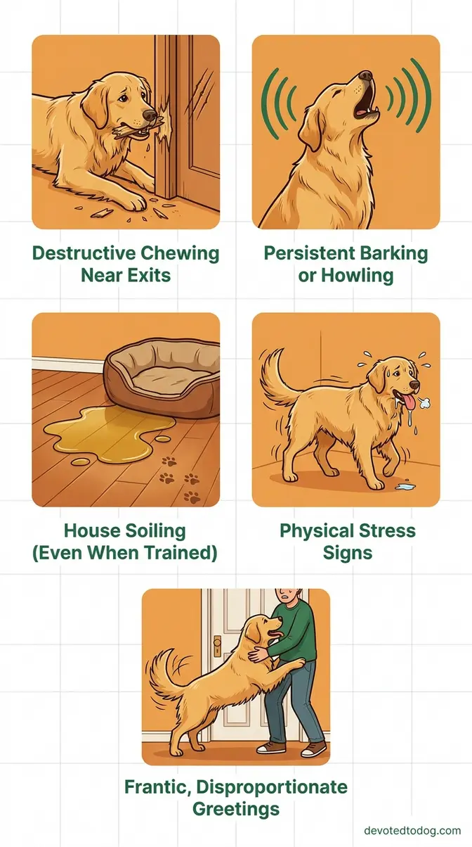 Infographic showing five golden retriever separation anxiety symptoms including destructive chewing and frantic greetings