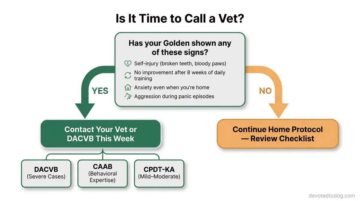 Flowchart helping Golden Retriever owners decide when to seek professional help for separation anxiety