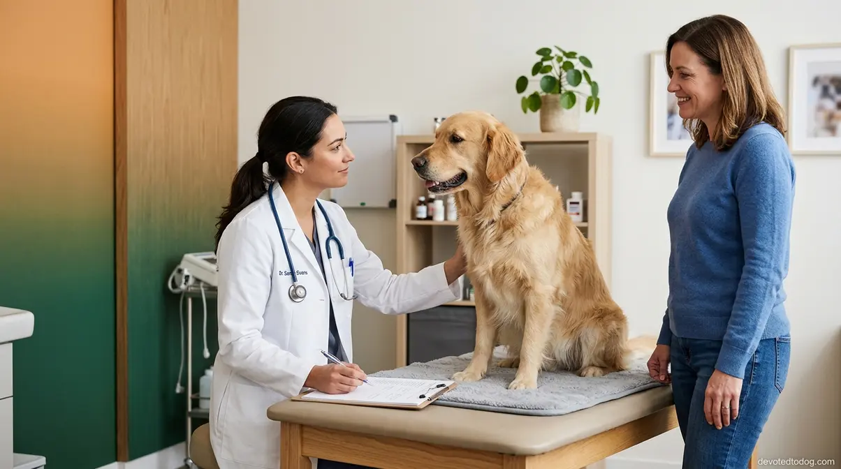 Veterinarian consulting with owner about Golden Retriever separation anxiety treatment options