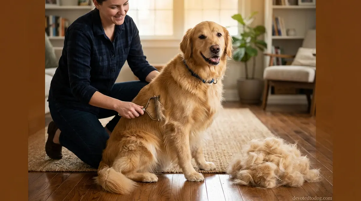 Person using undercoat rake to brush Golden Retriever with large pile of shed fur on floor