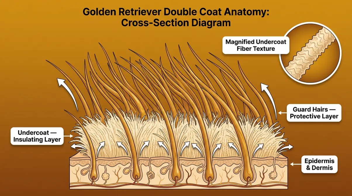 Diagram showing golden retriever double coat layers. Dense soft undercoat and longer water-resistant guard hairs