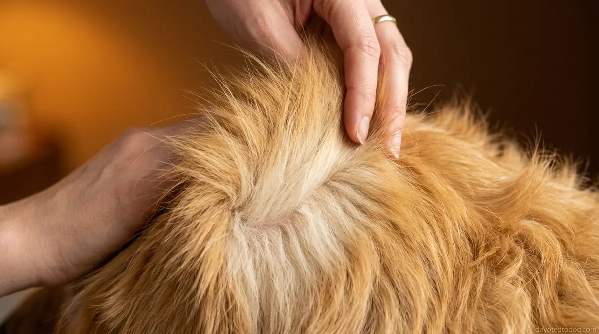 Golden Retriever coat parted to show dense undercoat layer beneath longer golden guard hairs